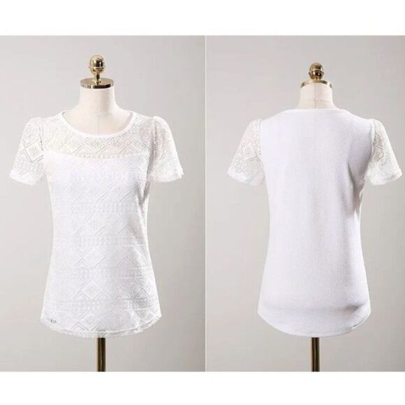Chiffon & Lace Short Sleeve Blouse White Size M - Picture 5 of 7